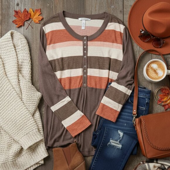 Maurices Tops - maurices Striped Colorblock Henley Top | Brown | 2X